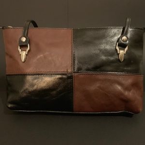 Black and brown leather quarter-panel handbag